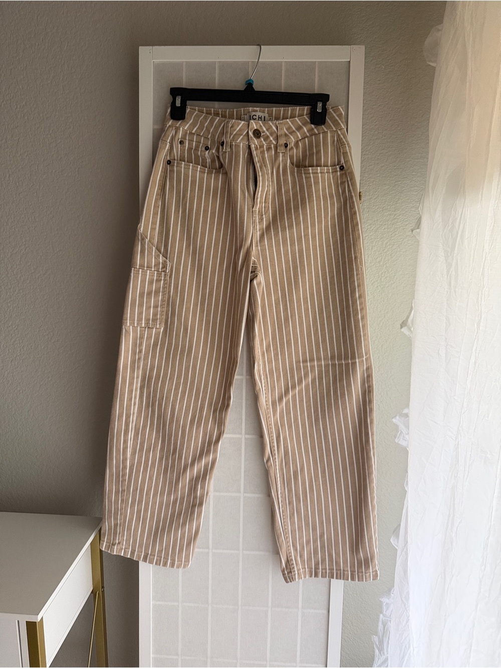 Tan Striped Cargo Pants with Side Utility Pocket